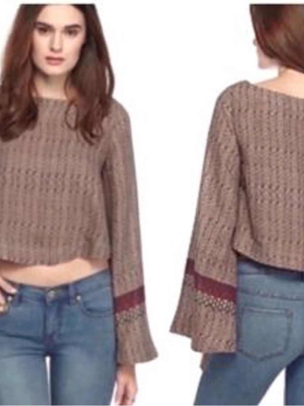 Free People Taupe Knit Bell-Sleeve Sweater with Burgundy Trim